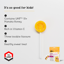 Load image into Gallery viewer, Comvita KIDS SOOTHING POPS WITH UMF™ 10+ MANUKA HONEY (3 Flavor Variety Pack – Grape, Orange, and Lemon)