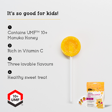 Load image into Gallery viewer, Comvita KIDS SOOTHING POPS WITH UMF™ 10+ MANUKA HONEY (3 Flavor Variety Pack – Grape, Orange, and Lemon)
